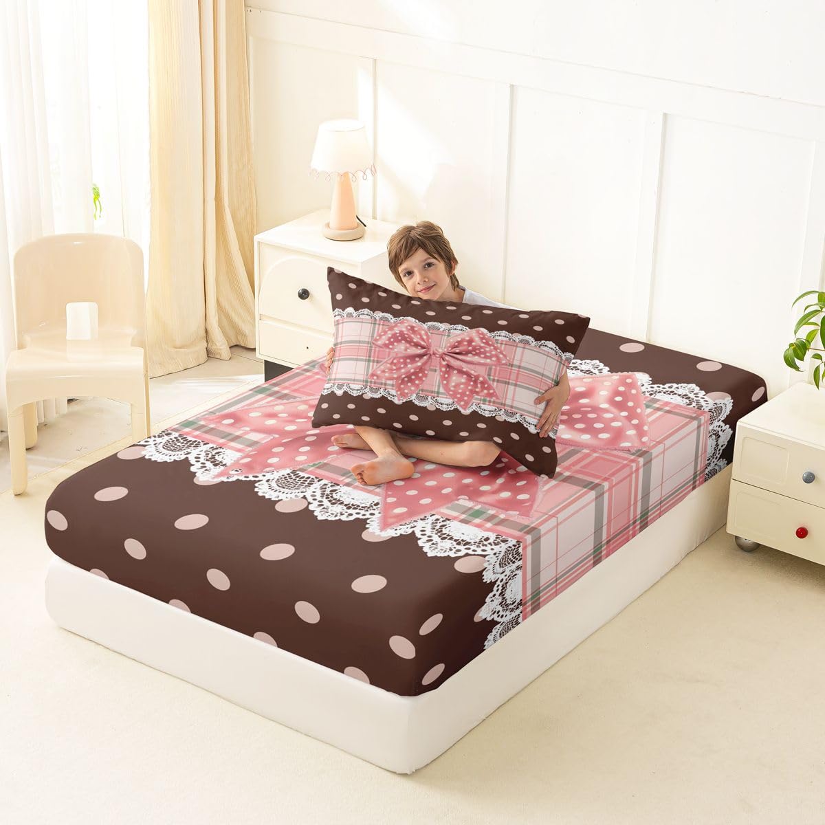 jejeloiu Plaid Bowknot Fitted Sheet Twin Size for Kids Boys Girls Polka Dots Bed Sheets Set 16" Deep Pocket Soft Breathable Microfiber Pink Brown Bow Bedding with 1 Pillowcase Room Decor