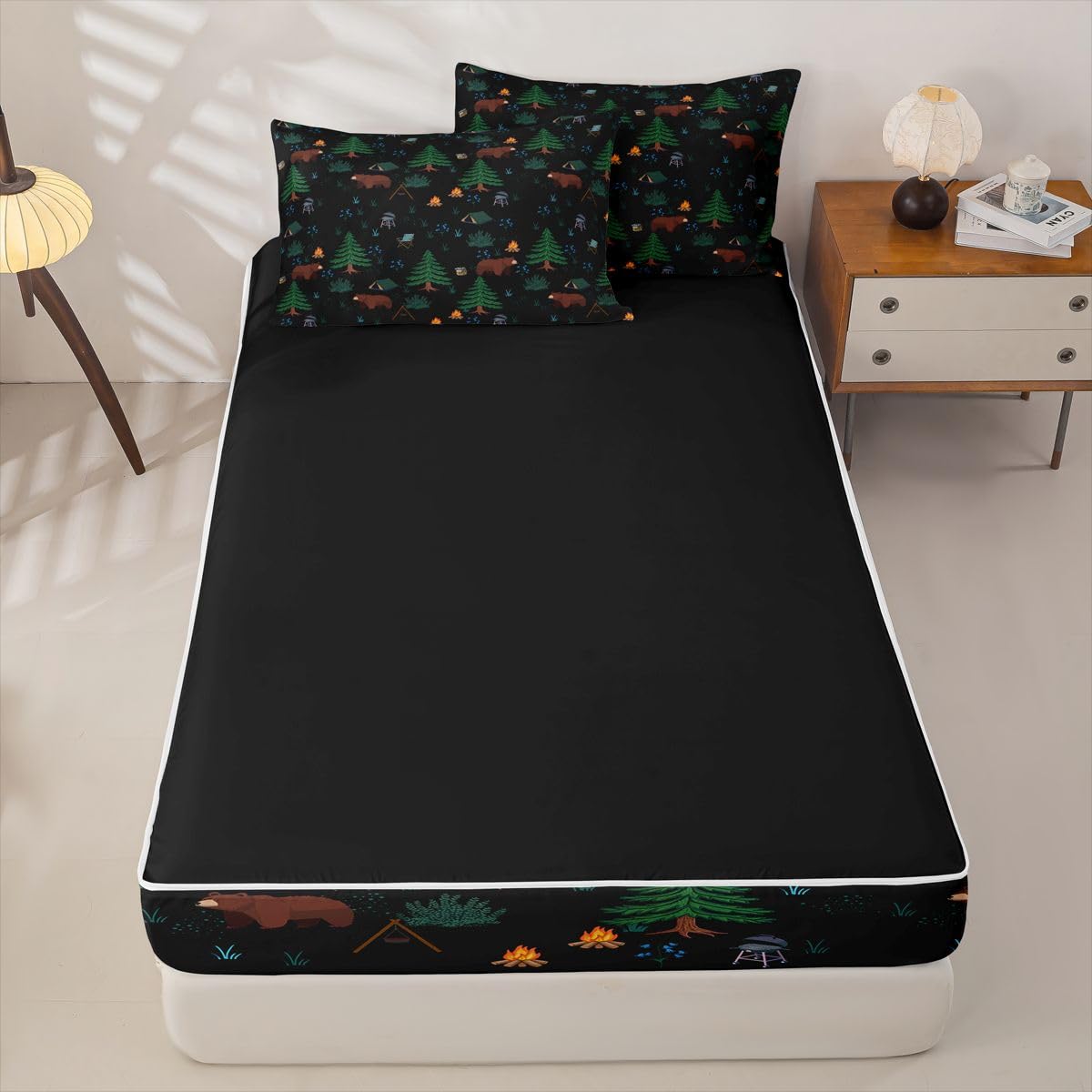 Erosebridal Hunting Bear Twin Zipper Bedding Happy Camping Comforter Set with Fitted Sheet Kids Camper Theme 3 Pcs Bed in a Bag Set Wild Animals Pine Tree Woodland Zip Up Bedding Sets