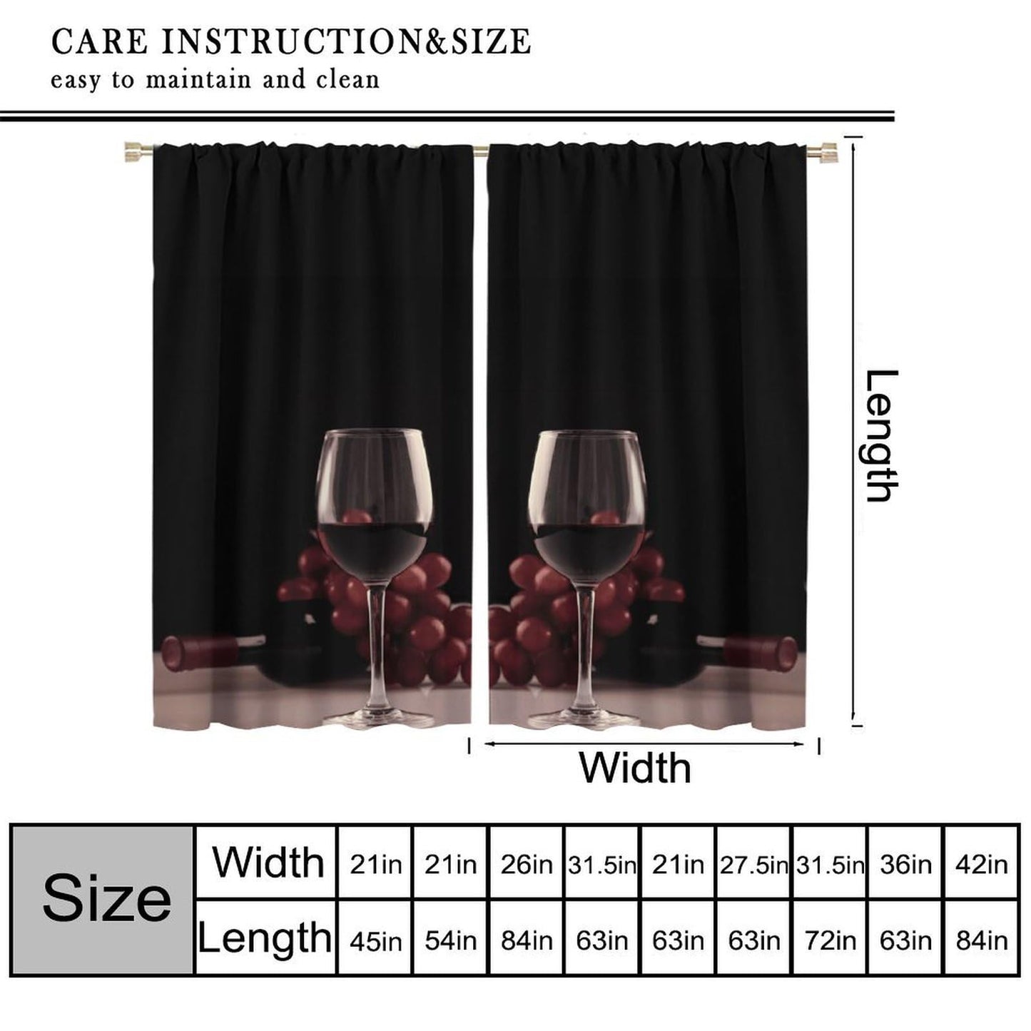 Wine Glass Curtains, Red Wine Glass Bottle Grapes Print, Light Filtering Window Drapes for Kitchen Dining Room Living Room, 20.5" W x 44.5" L, 2 Panels （No Blackout）