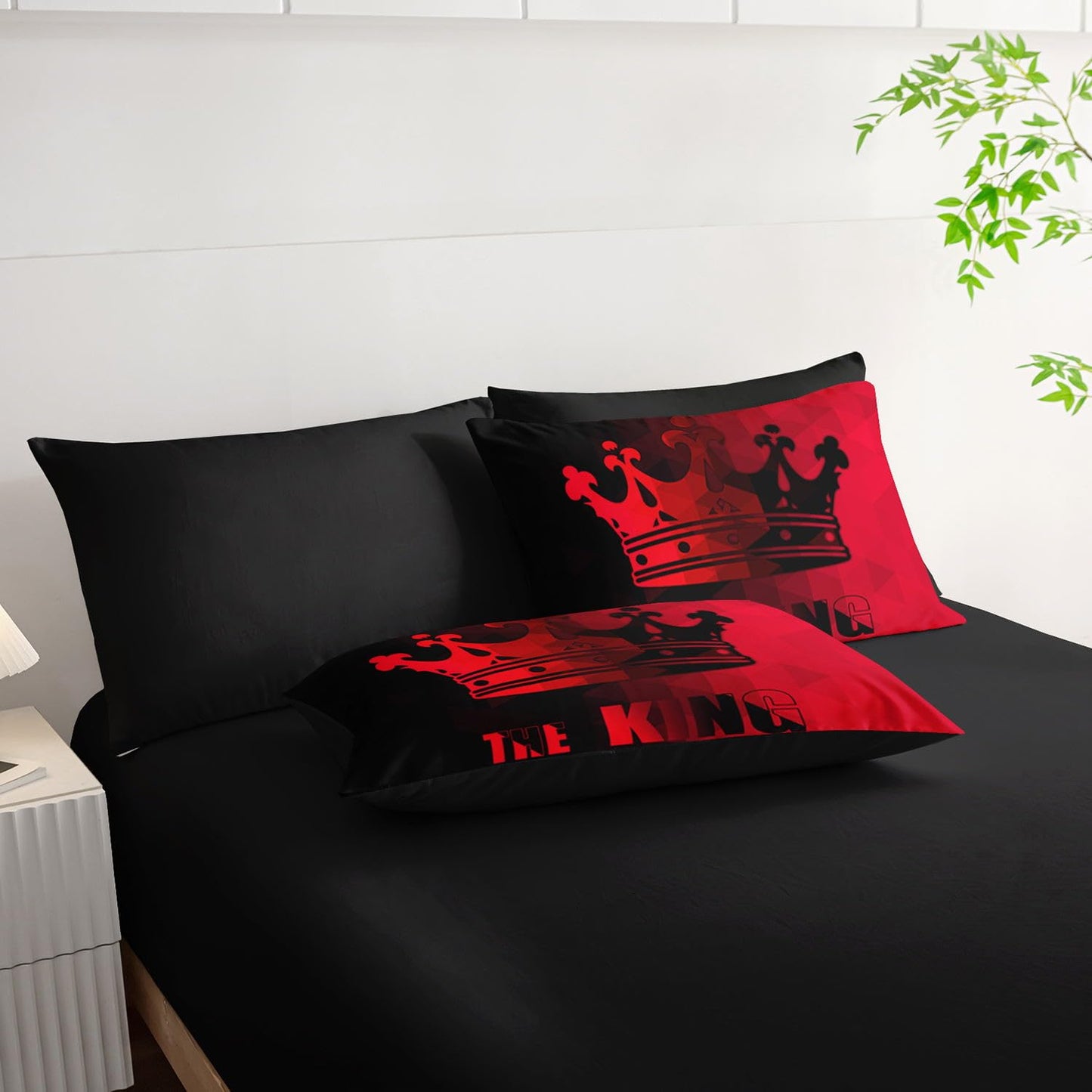 Smell Sunshine 7Pcs Crown Comforter Set Black Red Gradient Art Printed Bedding Set with 1 Comforter, 1 Flat Sheet, 1 Fitted Sheet and 4 Pillowcases for Boys and Girls Bedroom All Season(Crown Twin