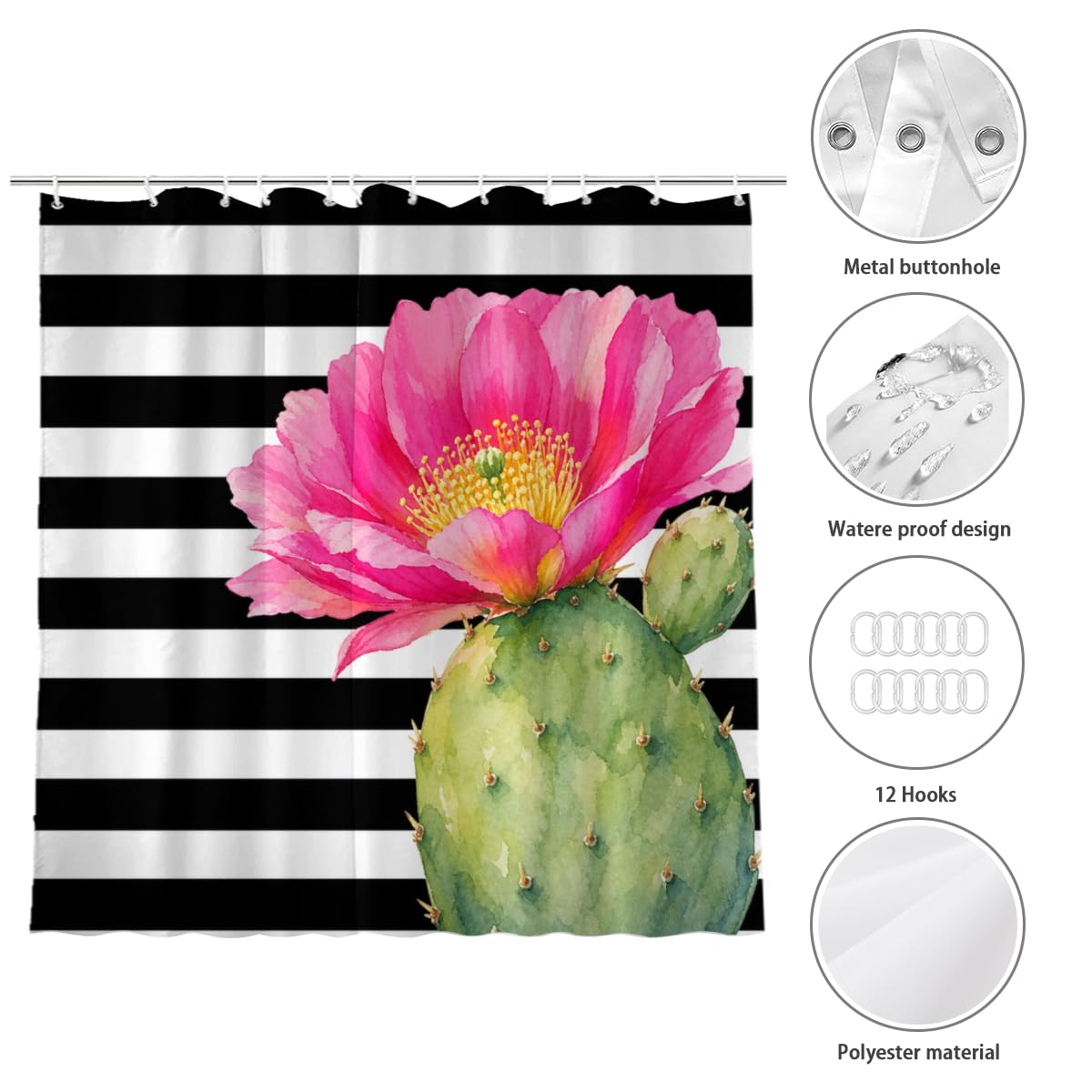 TopPacific Cactus Flower Stripe Shower Curtain 72x72 Inch Shower Curtain with 12 Hooks Polyester Cactus Pink Flower Black White Stripes Bathroom Decor