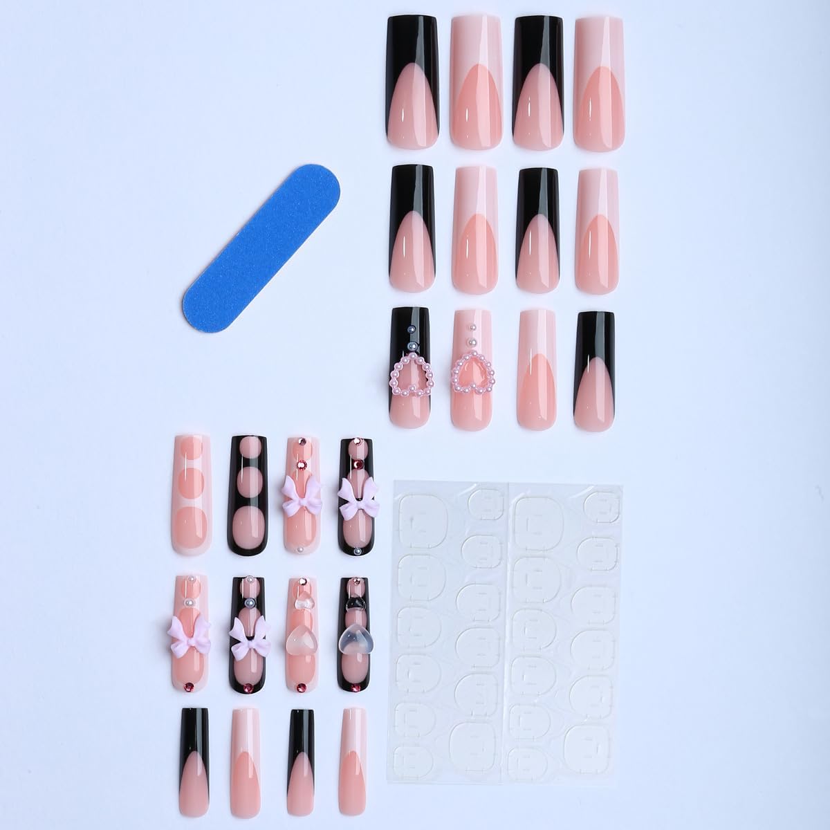 plalely Square Press on Nails Long Black and White Fake Nail Pink Bow with Heart Shape Water Drop Acrylic Nail Press ons Glossy Rhinestones Stick on Nail for Women 24pcs