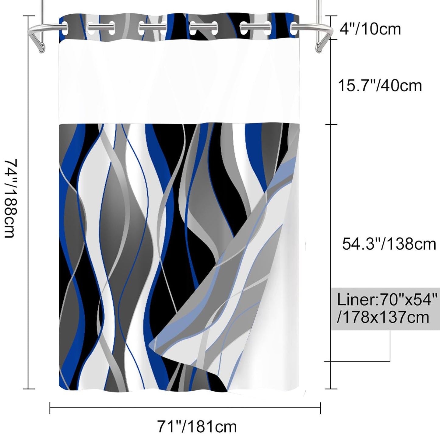 Nkzply No Hook Shower Curtain and Liner Set Blue Striped Shower Curtain with Snap in Liner Fabric Modern Black Grey Bathroom Set See Through Top Window Washable 71x74 Inch
