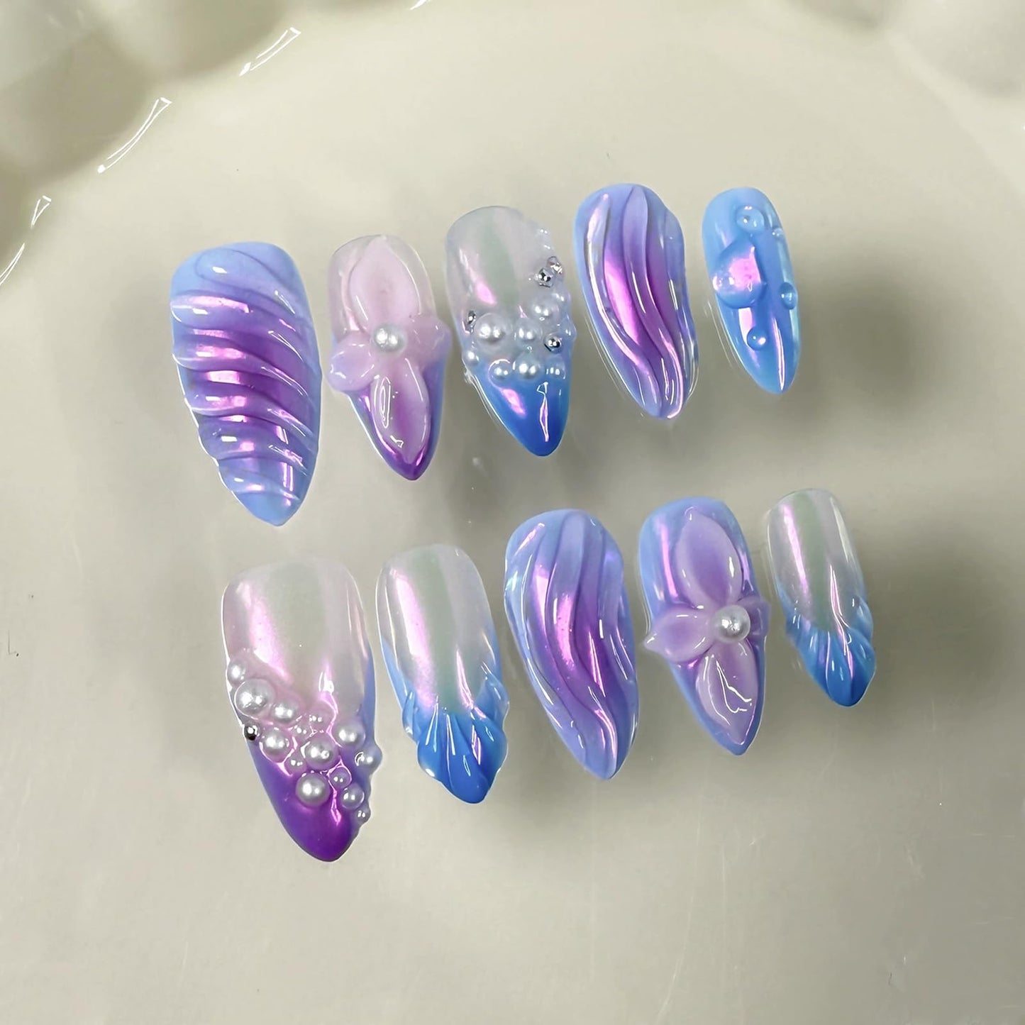 Handmade Press on Nails Almond Fake Nails Medium False Nail 3D Flower and pearl Embossed Sparkly Purple Artificial Nails for Women 10pcs (Size M）