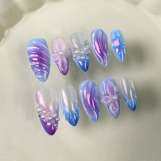 Handmade Press on Nails Almond Fake Nails Medium False Nail 3D Flower and pearl Embossed Sparkly Purple Artificial Nails for Women 10pcs (Size M）