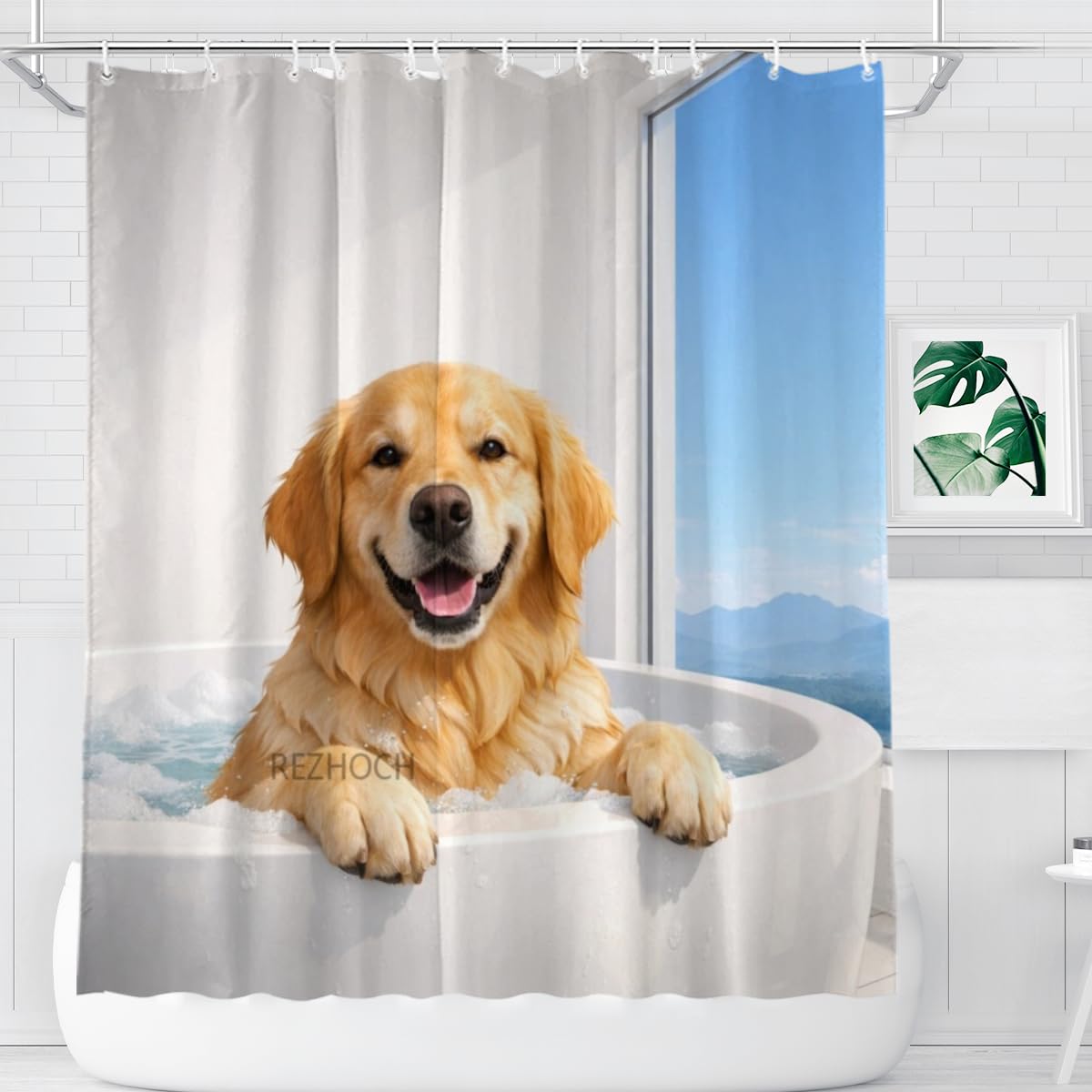 REZHOCH Funny Golden Retriever Shower Curtain 72x72 Inch Cute Animal in Bathtub Home Bathroom Decor Minimalist White Modern Art Waterproof Fabric Contemporary Gift Bath Set with Hooks