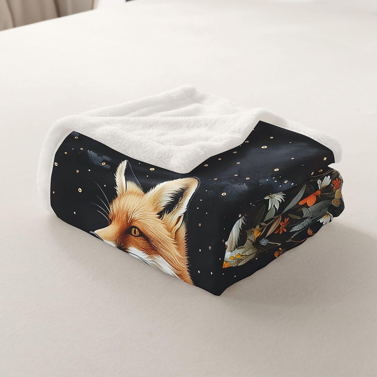 Erosebridal Fox Fleece Blanket Jungle Floral Sherpa Blanket 90"x90", Bohemian Garden Flowers Wild Animal Woodland Animals Fuzzy Plush Throw