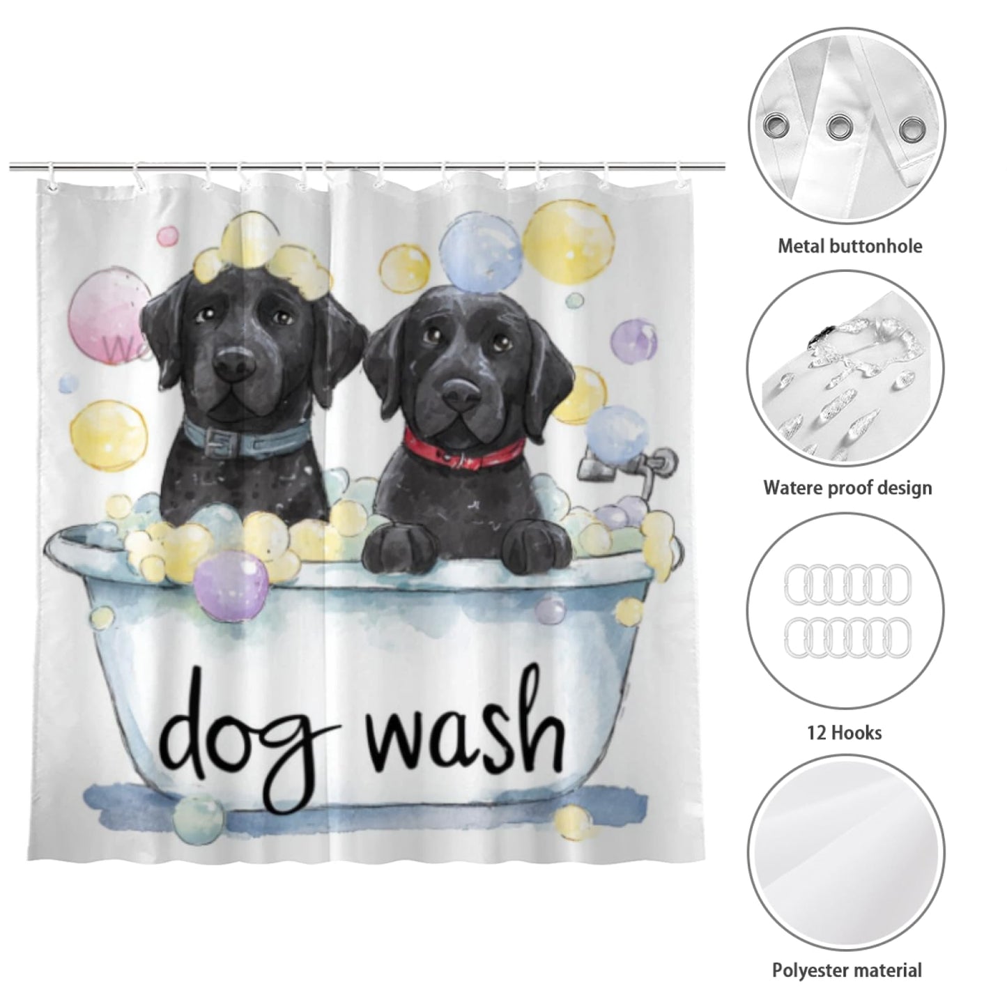 Wordatu Black Labrador Dog Cartoon Shower Curtain Playful Dogs in a Bathtub Pets Cloth Fabric Bathroom Decor Set with 12 Hooks 72x72 Inch