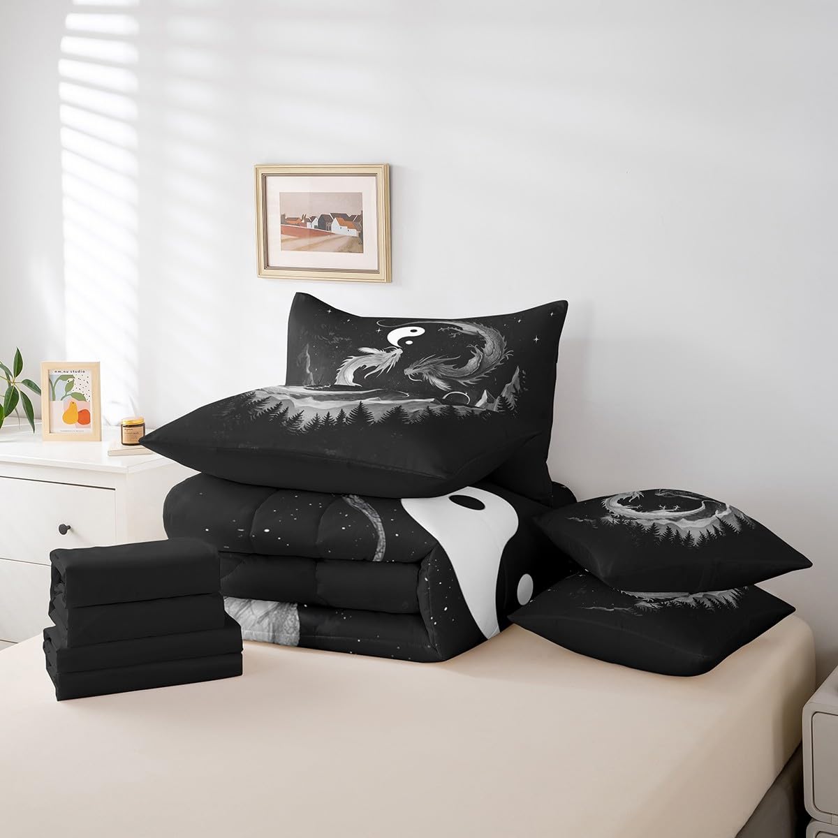 7 Pieces Dragon Taiji Comforter Set Queen,Japanese Style Bed Set for Kids Boys Girls,Glitter Star Pine Tree Bedding(1 Comforter,1 Fitted Sheet,1 Flat Sheet,2 Pillowcases,2 Throw Pillow Covers