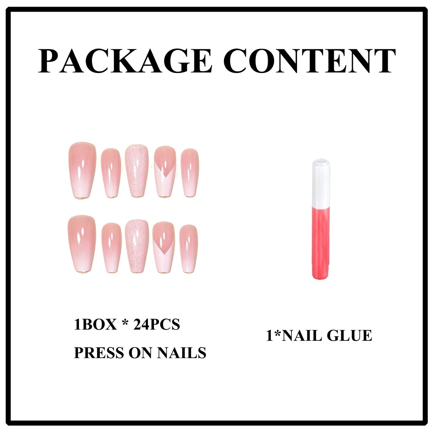 MERVF Coffin Press on Nails Long, White Ombre French Tip Fake Nails Chevron Glitter Solid Color Design Glue ons Acrylic Nail Glossy 24pcs