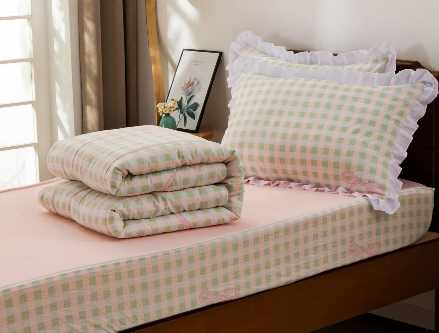 Meeting Story 3pcs Zipper Bedding Twin Kids Pink Bow Checked Plaid Comforter Set for Girls(Pinkgreen,Twin)