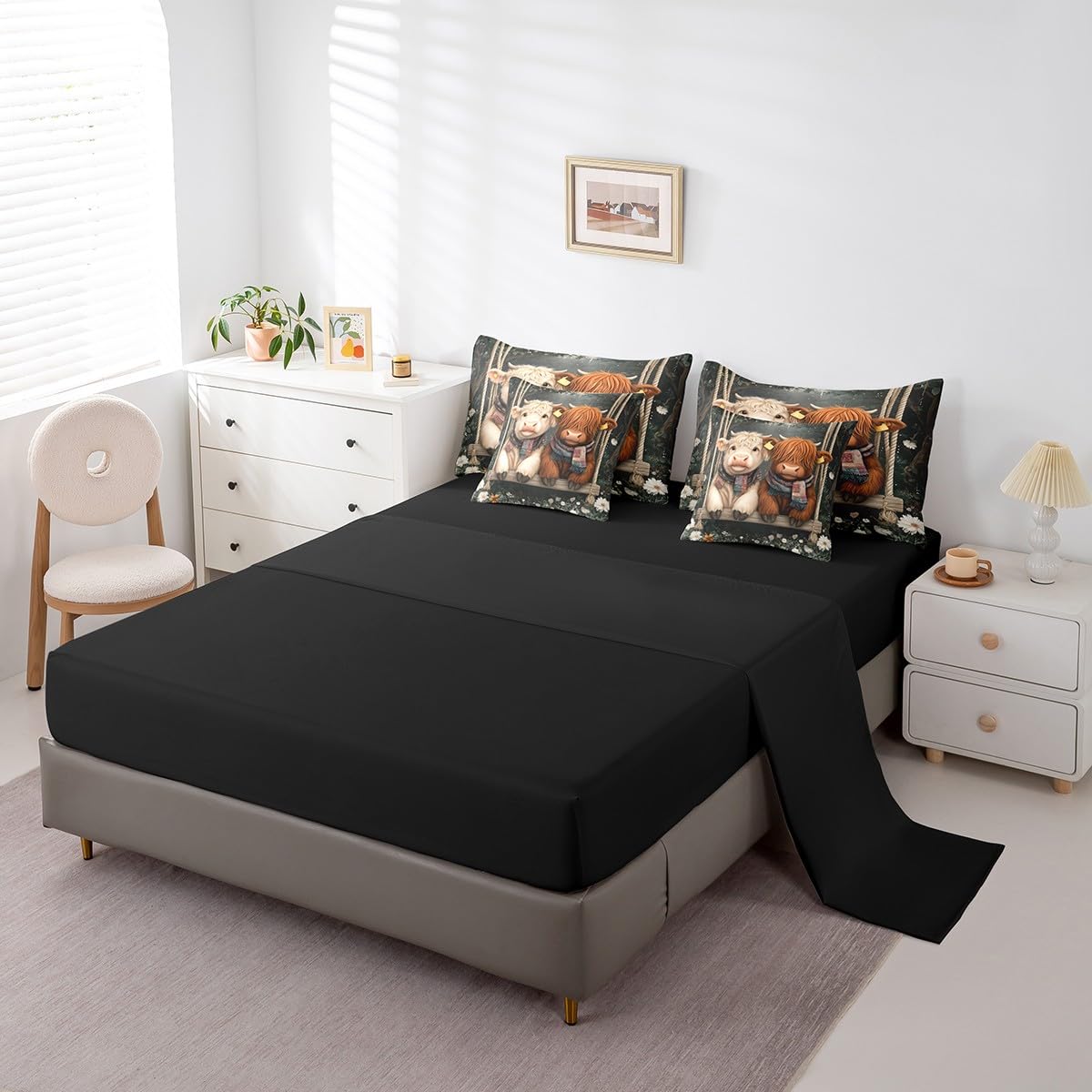 Erosebridal Comforters King Size Set with Sheets for Kids Highland Cow Bedding,7 Pieces Bed in a Bag King Western Cow Bedding Sets with Comforter, Sheets, Pillowcases and Cushion Cases