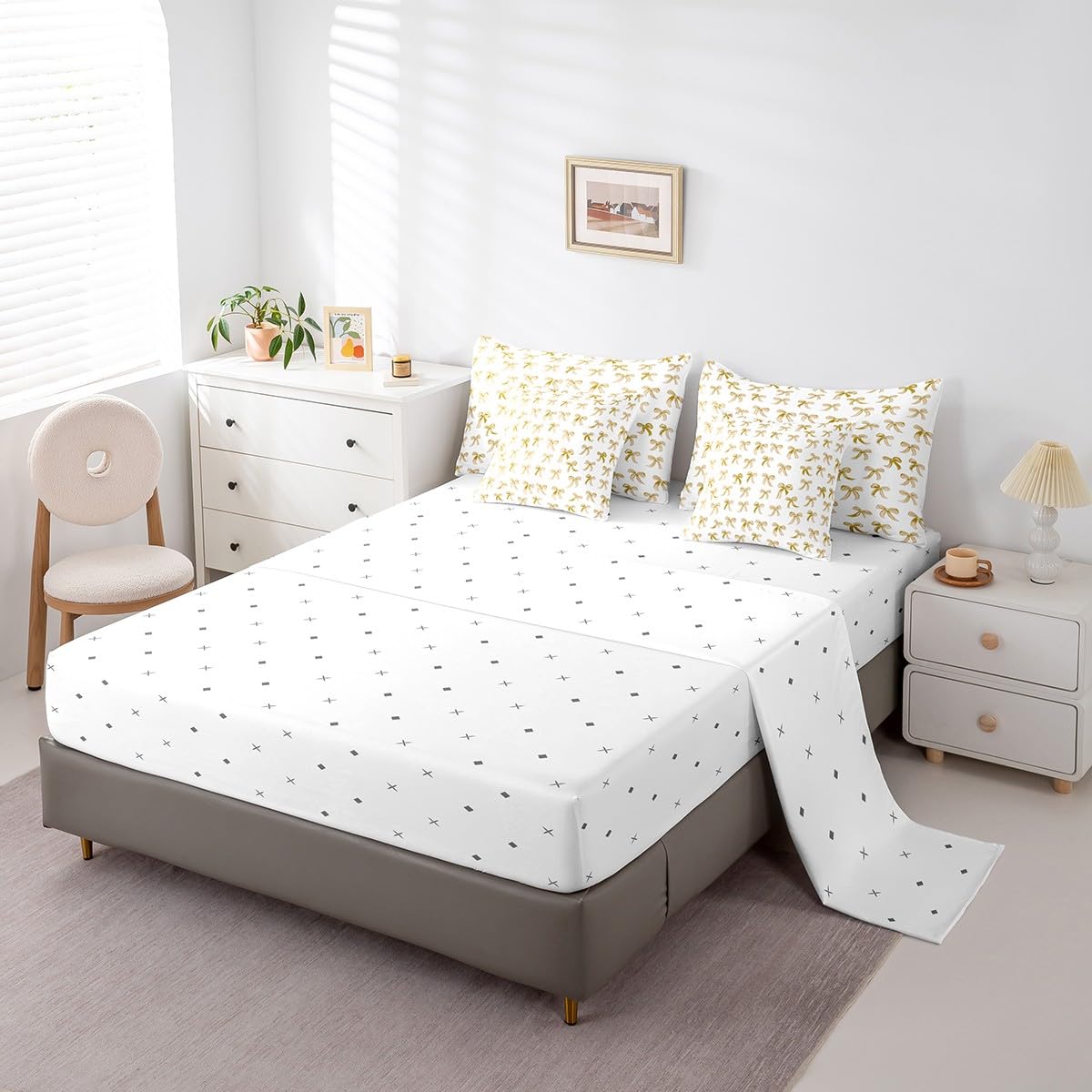 Erosebridal Yellow Bowknot Twin Comforter Set Bed in a Bag, Kawaii Dreamy Ribbon Reversible Bedding Sets for Kids Girls, Cartoon Bow Tie Printed Bedding Accessories for Bed, Cute Girly Bed Sheets Set