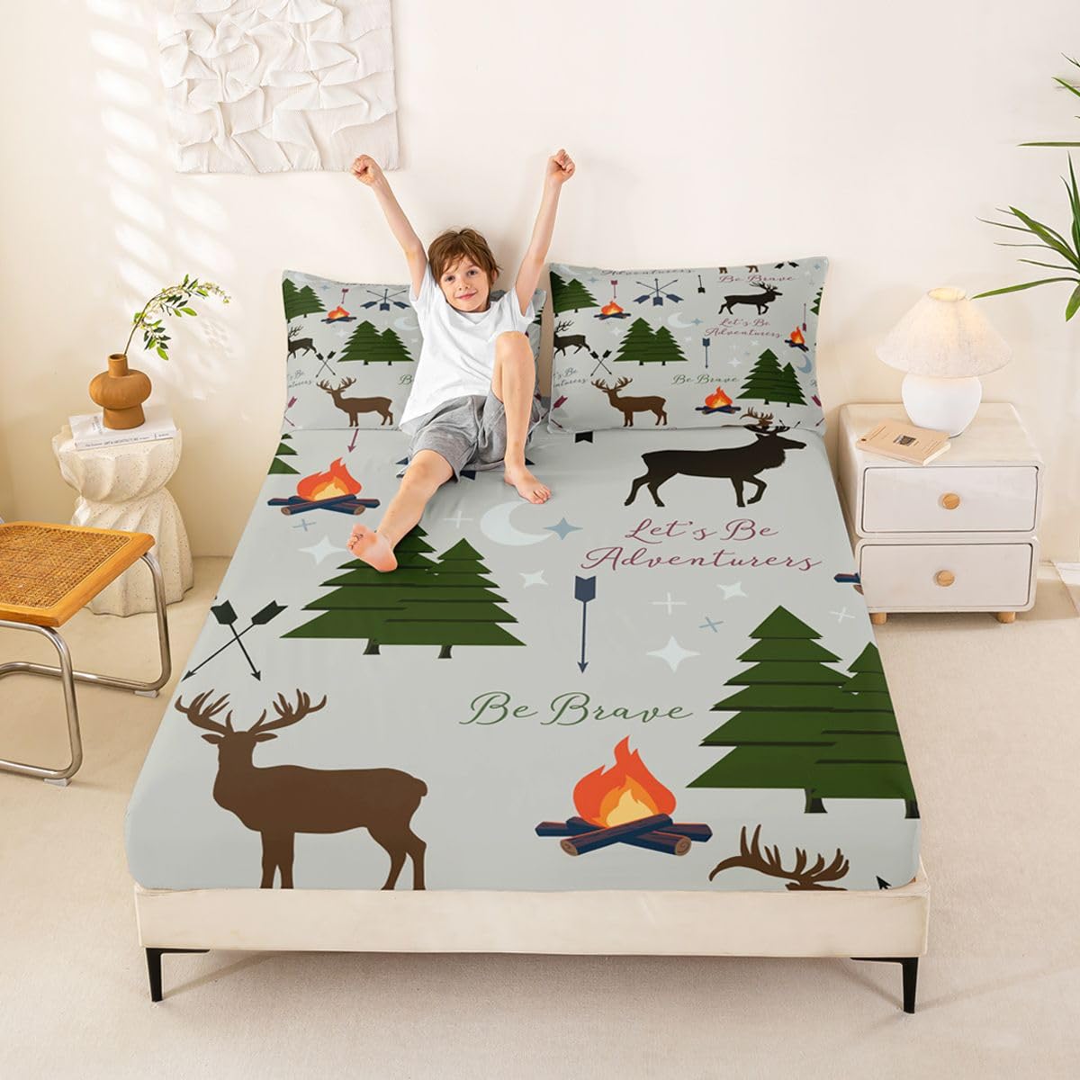 Adventure Deer Bedding Set Twin Size,Cartoon Pine Tree Jungle Animals Fitted Sheet,Arrow and Stars Moon Bed Sheet for Kids Girls Boys Adult Room Decor Rustic Camping Deep Pocket Sheet Green 2Pcs