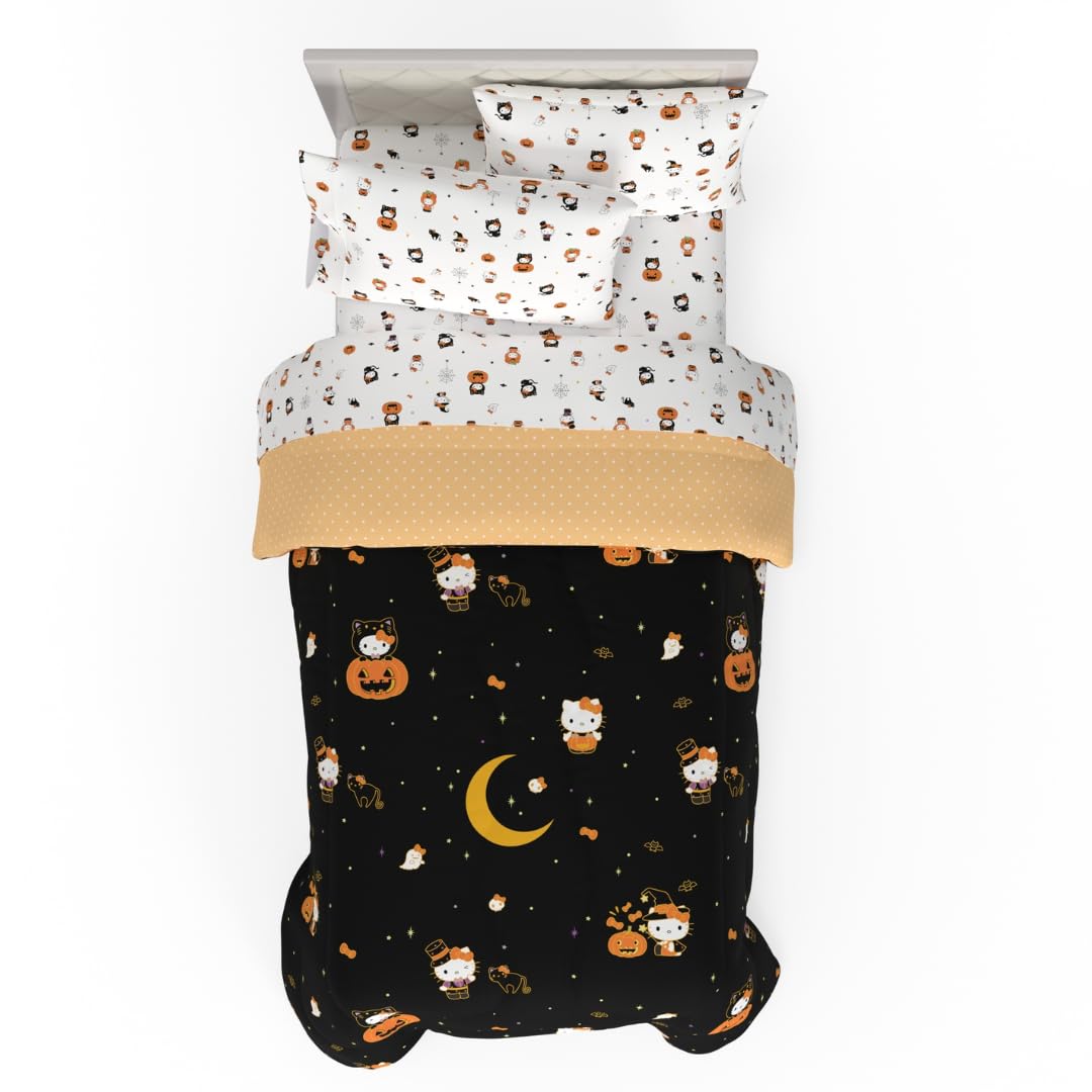 Sanrio Hello Kitty Halloween Pumpkin Twin Bed Set – Super Soft & Cozy 4 Piece Reversible Comforter and Sheet Set (Officially Licensed Product) by Franco