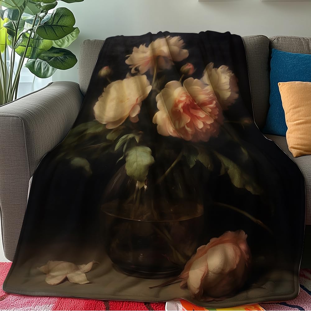 HUNXIAOJ Peony Throw Blanket Peony Gift for Women Floral Print Blanket Flower Decor Warm Soft Flannel for Girls Women Adults Bed Sofa Couch (50 in x 60 in)