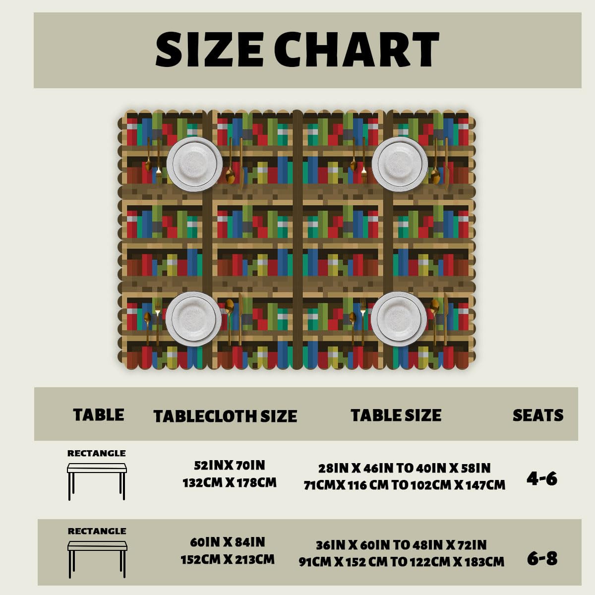 XYJFZL Bookshelf Table Cloth Rectangle Tables Educational Bookcase Pixel Rectangle Kitchen Table Cover Oblong Tablecloth for Dining Table Buffet Parties Patio Camping 52 x 70 Inch 4-6 Seats