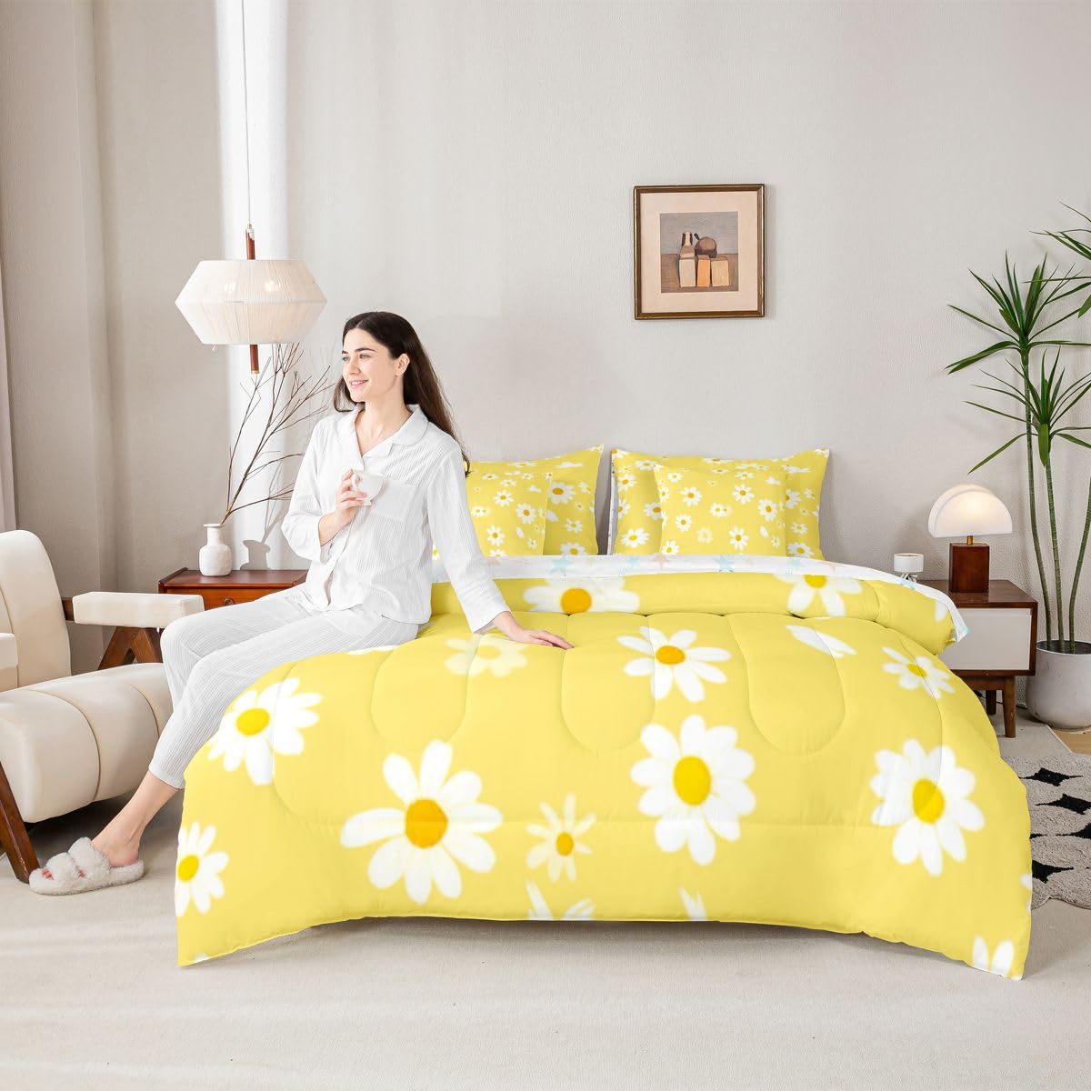 Erosebridal Cute Daisy 7 Pcs Bedding Set Twin Size for Teen Girls White Yellow Comforter Set with Sheets for Kids Women Groovy Floral Bed in A Bag Trendy Coquette Flower Bed Sets All Season