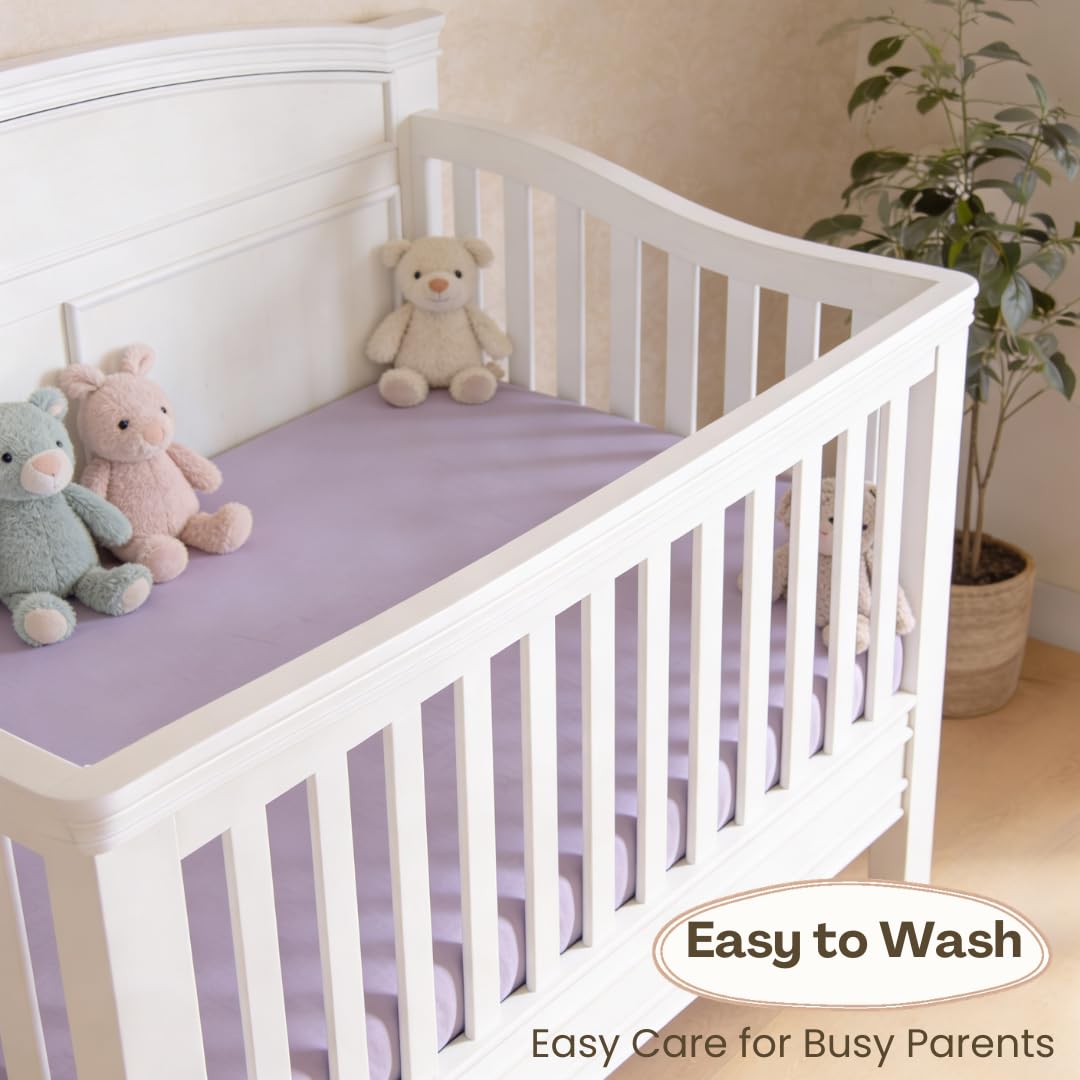ABBYBABIES Bamboo Crib Sheets 2 Pack Waterproof Mattress Protector Set for Baby Crib, Soft Fitted Mattress Topper Alternative for Standard Crib and Toddler Bed 52x28x9in (Girl: Pink, Purple)