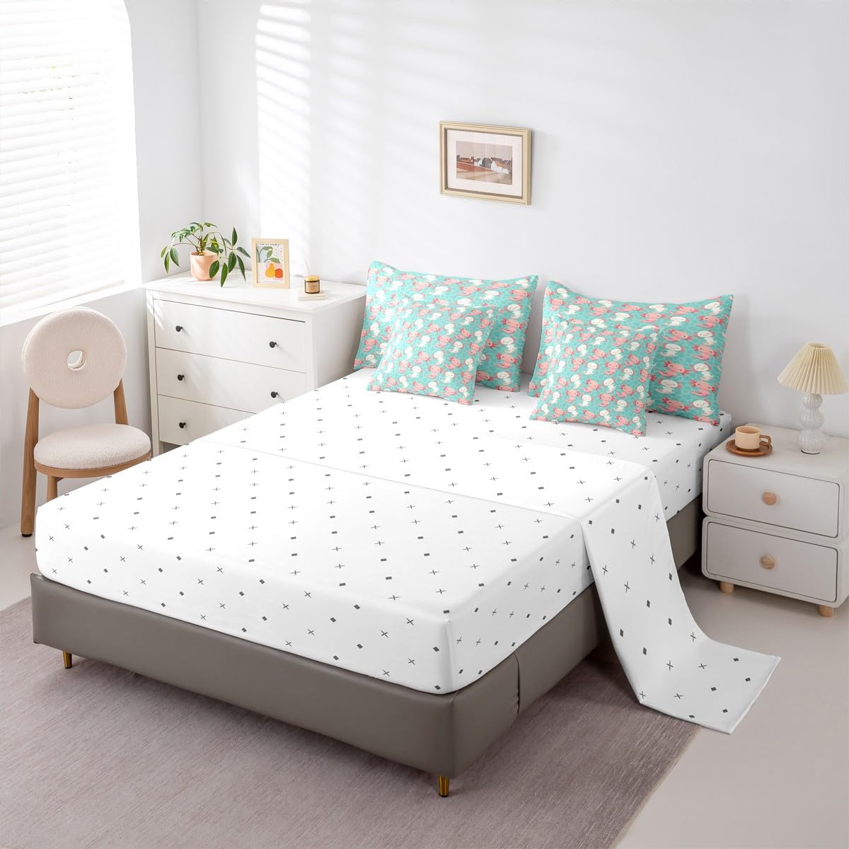 Erosebridal Cute Axolotl 7 Piece Bedding Set Twin Salamander Comforter Set with Sheets Kawaii Animal Bed in A Bag Wildlife Pet Bed Sets with 2 Pillowcases, 2 Throw Pillow Covers