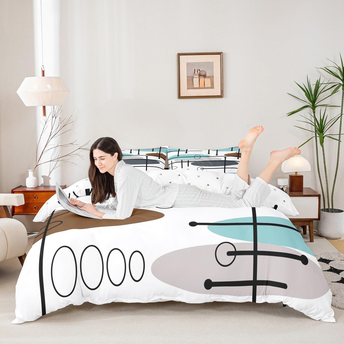 Erosebridal Mid Century Duvet Cover King Modern Minimalist Bedding Set, Hippie Old Fashion Comforter Cover Abstract Artwork Bed Set, Aesthetic Lines Circles Bedding Teal White Grey (Zipper Closure)