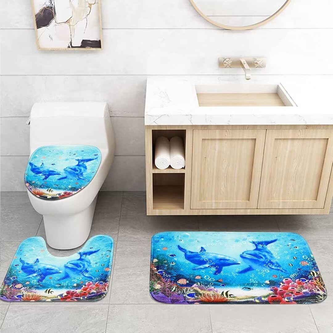 Yddsky 4Pcs Blue Ocean Dolphin Shower Curtain Sets with Rugs, Toilet Lid Cover and Bath Mat, Bathroom Shower Curtains Bathroom Decor Set