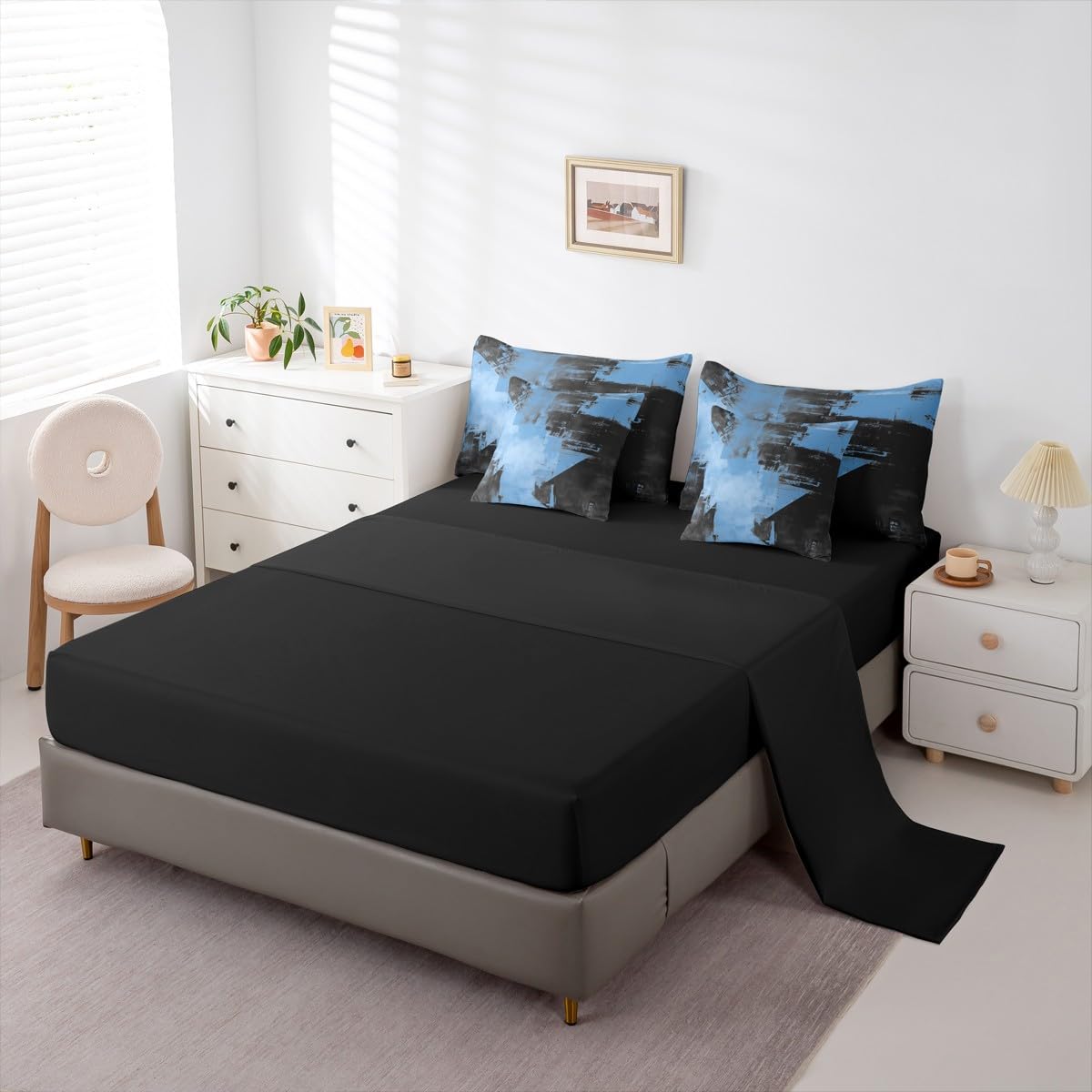 Feelyou Abstract Comforter Set with Sheets 7 Piece King Size Modern Abstract Art Bedding Set for Kids Boys Girls Luxury Bed in a Bag Geometric Room Decor Deep Blue Soft Lightweight Microfiber