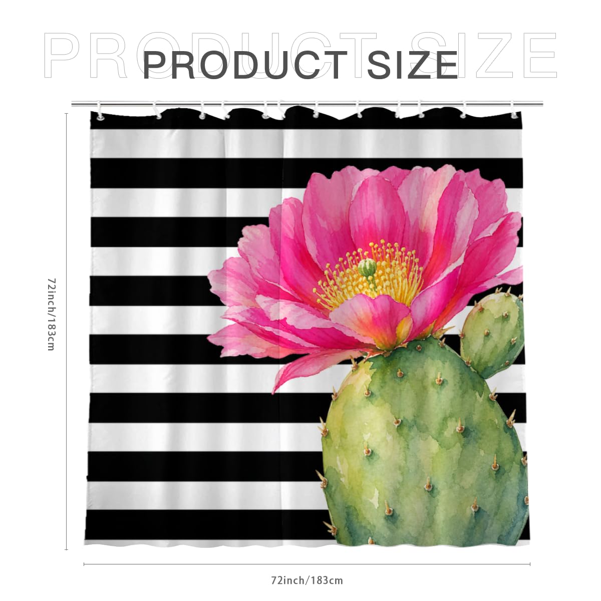 TopPacific Cactus Flower Stripe Shower Curtain 72x72 Inch Shower Curtain with 12 Hooks Polyester Cactus Pink Flower Black White Stripes Bathroom Decor