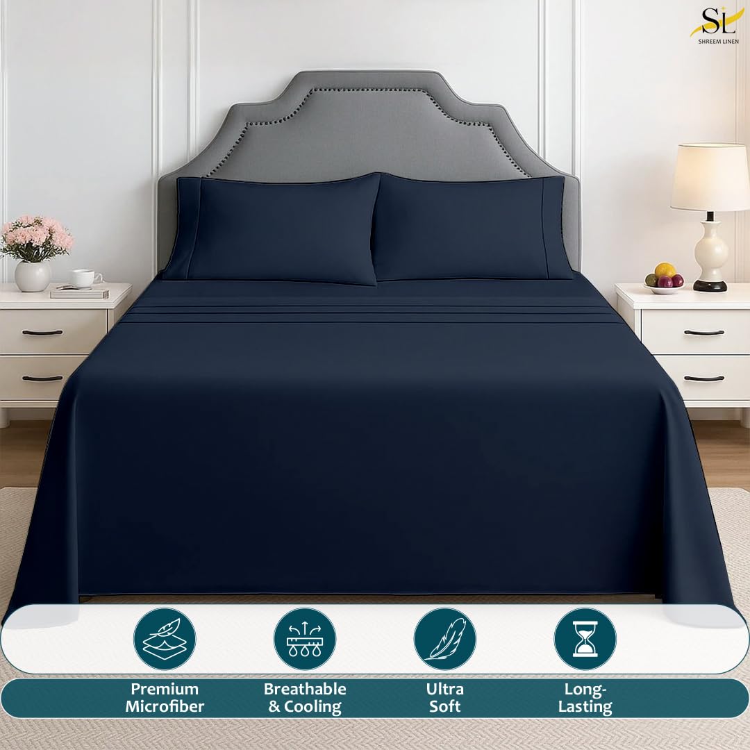 King Sheet Set - 4 Piece Ultra Soft Brushed Microfiber Bed Sheets - 15" Deep Pockets, Wrinkle-Free & Breathable for a Secure Fit Sheets & Pillowcases (King, Navy Blue)