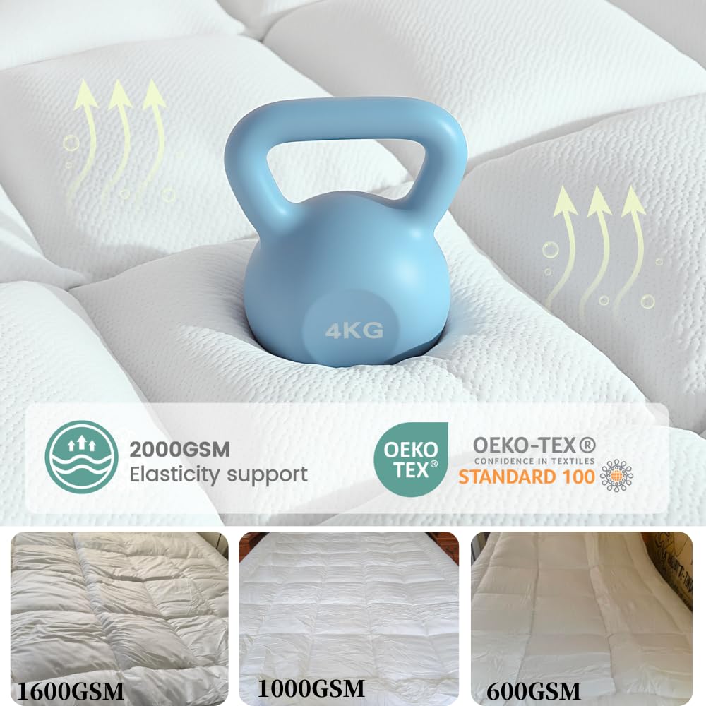 Rainmr Memory Foam Mattress Topper Full - 2000GSM Pillow Top Mattress Topper Full Size, Soft Plush Bed Pad for Pressure Relief & Back Support, White, Oeko-TEX Certified