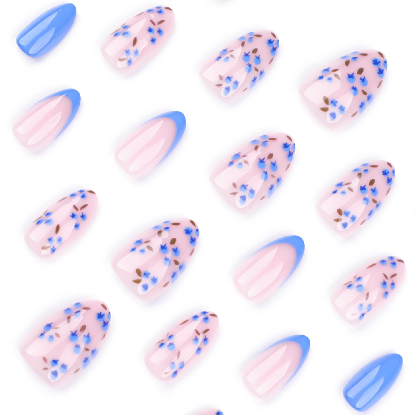 Stbisen Summer Fall Press On Nails Short Almond, Nude and Blue Fake Nails Featuring Blue Floral Accents, Glossy Finish Acrylic Nails, Thick Reusable Glue On Nails for Women, 24Pcs