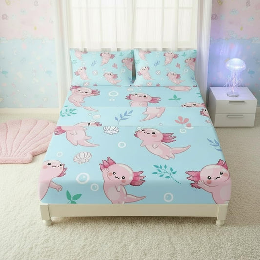 QOOMO Kawaii Marine Life Silky Soft Microfiber Bed Sheets Cute Axolotl Super Soft Kids Bedding Set Blue Ocean Breathable Room Decoration Queen Size 1 Fitted Sheet, 1 Flat Sheet, 2 Pillow Cases