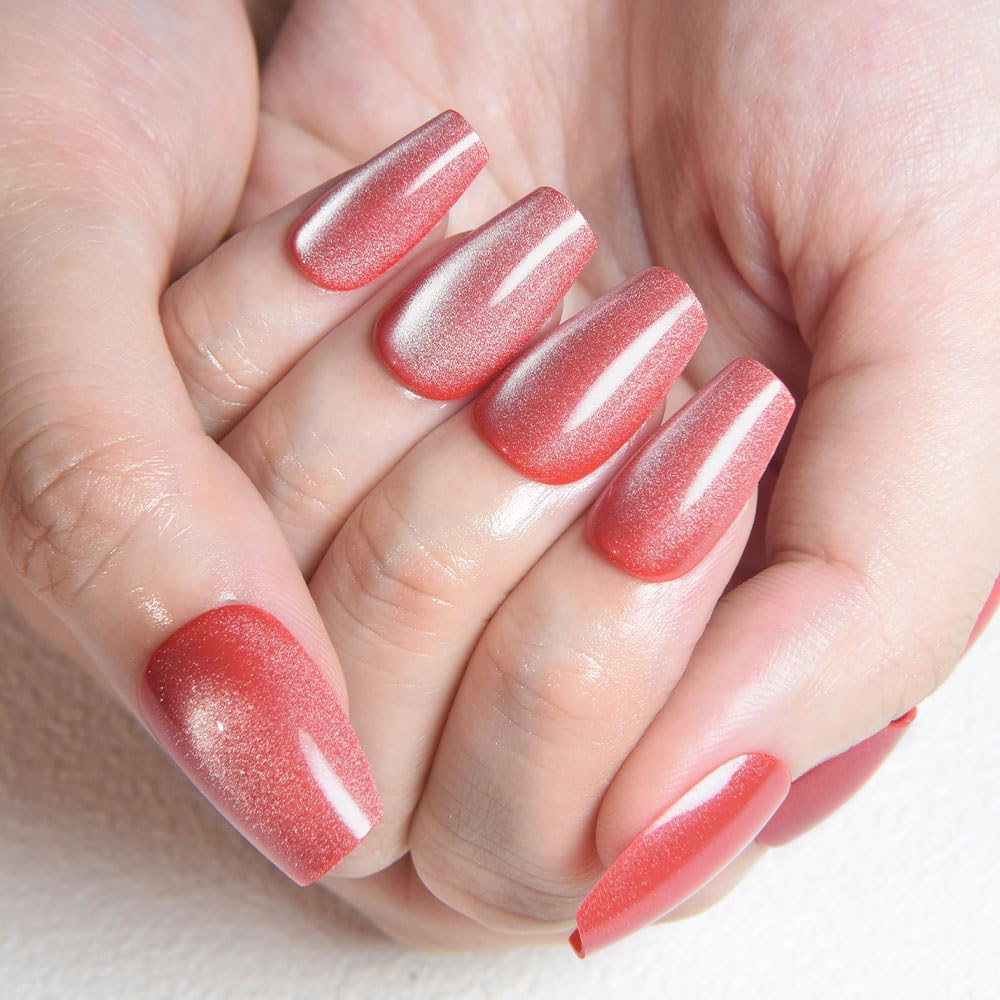 evpct No Glue Red Pink Cat Eye Coffin Press on Nails Square Medium, Medium Square Stick on Nail for Women, Red Pink Metallic Glitter Glossy Reusable Summer Soft Press on Acrylic Fake Nail with Design