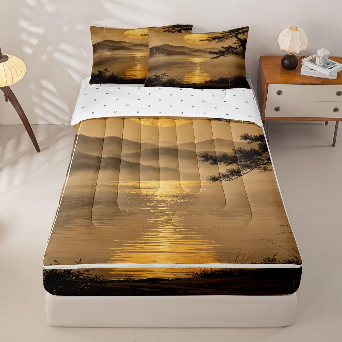 Feelyou Landscape Zipper Bedding for Kids Sunset Full Comforter Set with Fitted Sheet 2 Pillowcases Japanese Bed in a Bag Soft Lightweight Microfiber