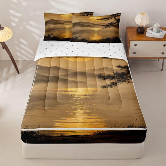 Feelyou Landscape Zipper Bedding for Kids Sunset Full Comforter Set with Fitted Sheet 2 Pillowcases Japanese Bed in a Bag Soft Lightweight Microfiber