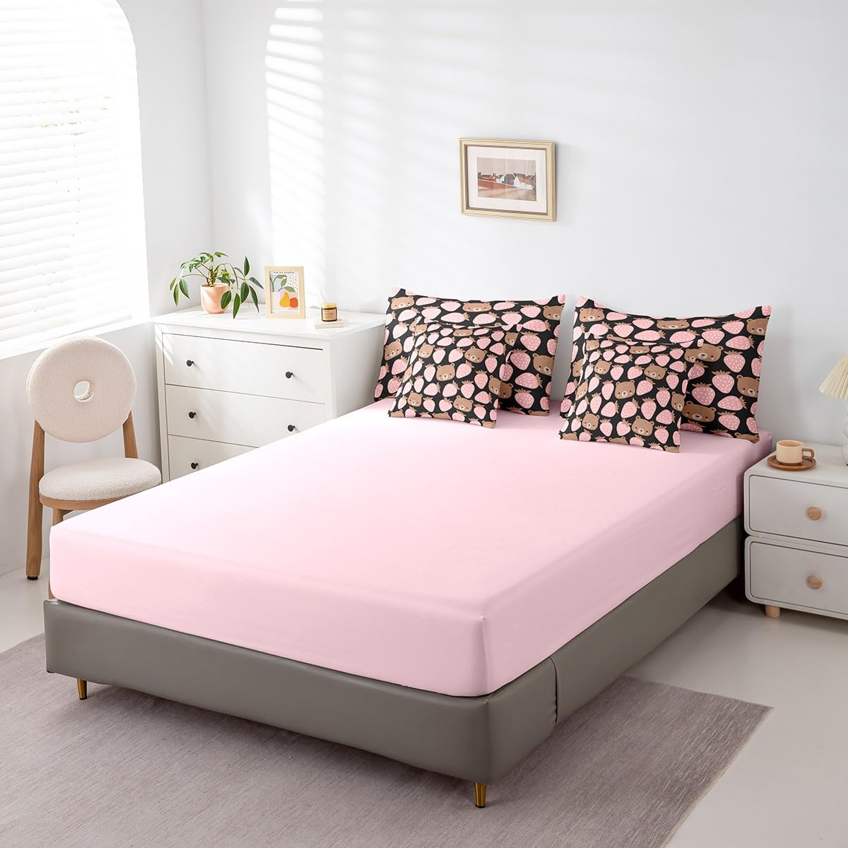 Cartoon Bear 7Pcs Comforter Set Full Size,Sweet Strawberry Bedding Sets for Kids Girls Boys Teens Room Decor,Cartoon Animals Bed in a Bag Cute Pink Fitted Flat Sheet,2 Throw Pillow 2 Pillowcases