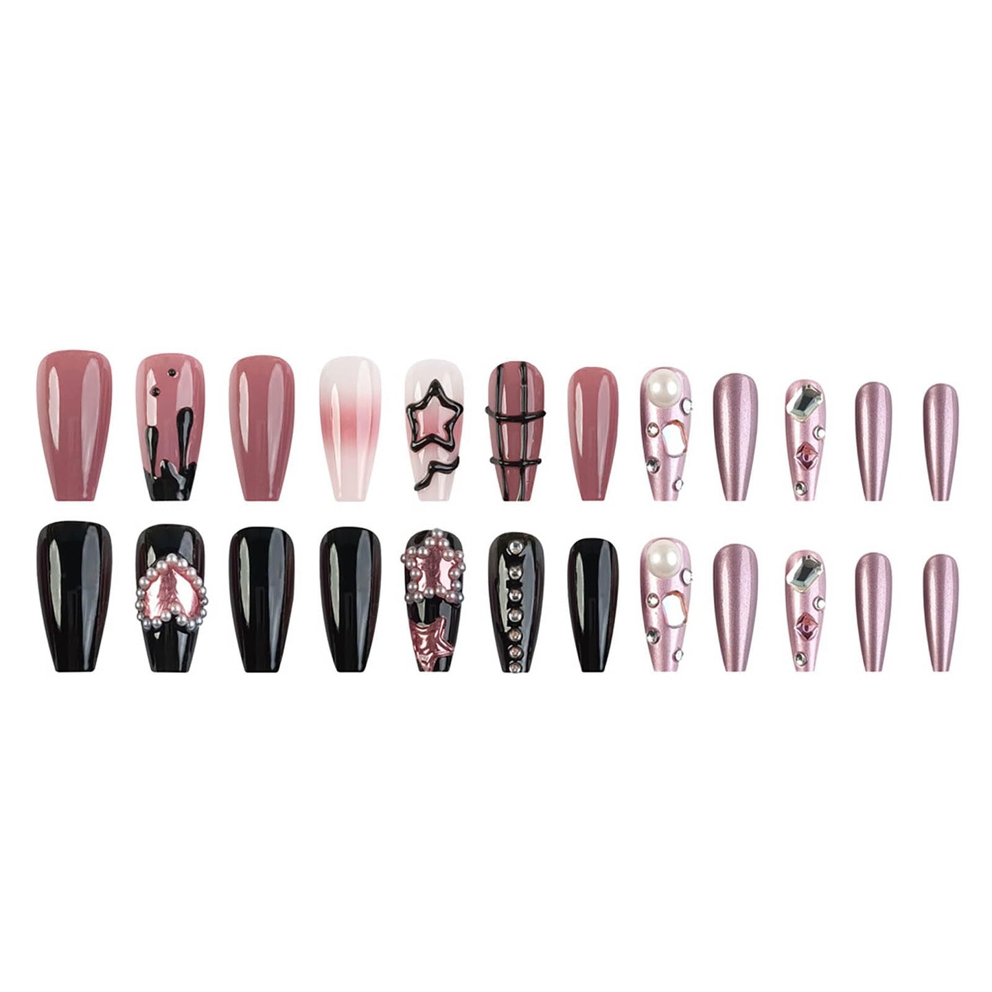 RTKHFZE Press on Nails Medium Square Fake Nails Black Full Cover Acrylic False Nails with Pearl Jewelry and Rhinestones Designs Artificial Press on Stick on Nails for Women Nail Decorations