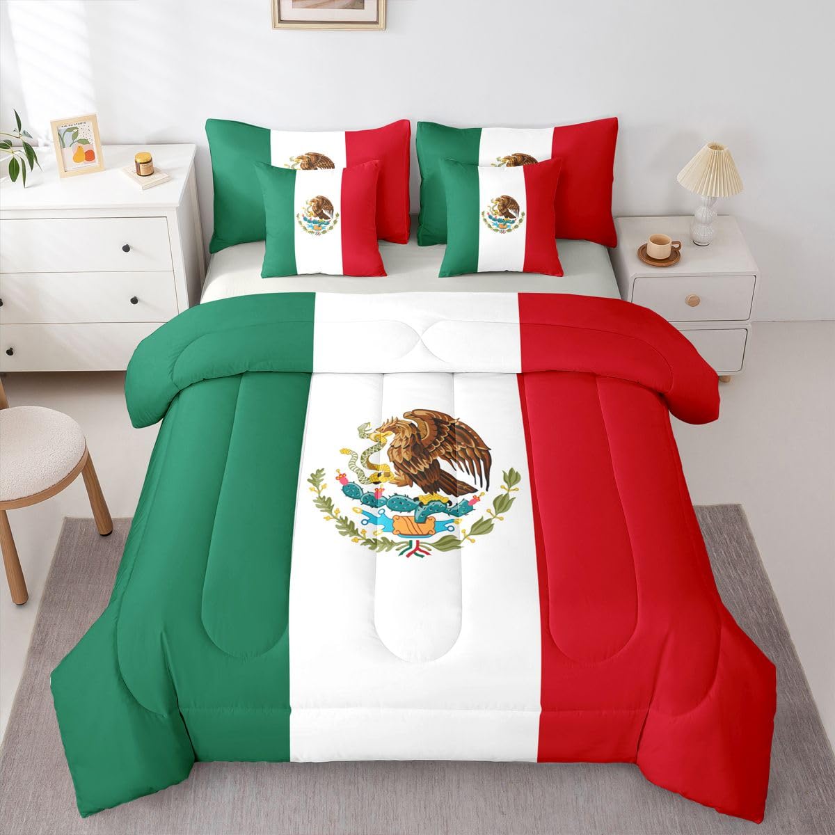Feelyou Mexican Flag Comforter Set with Sheets 7 Piece Queen Size Mexico Bed in a Bag Kids Boys Girls World Countries Bedding Set Bedroom Decor Breathable Soft Lightweight Microfiber