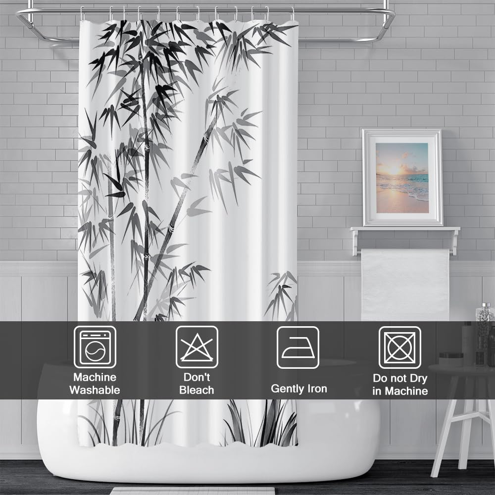 Ruelvth Bamboo Shower Curtain, Aesthetic Ink Bamboo Shower Curtain for Bathroom Waterproof Fabric Black and White Shower Curtain Set with Hooks, 48x72 Inch