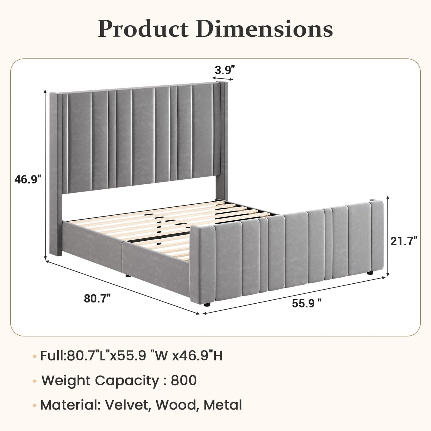 HOMBCK Full Size Bed Frame, Velvet Upholstered Platform Bed Frame Full with Vertical Channel Tufted Headboard & Footboard, Wooden Slats/Noise Free/No Box Spring Needed/Easy Assembly, Grey