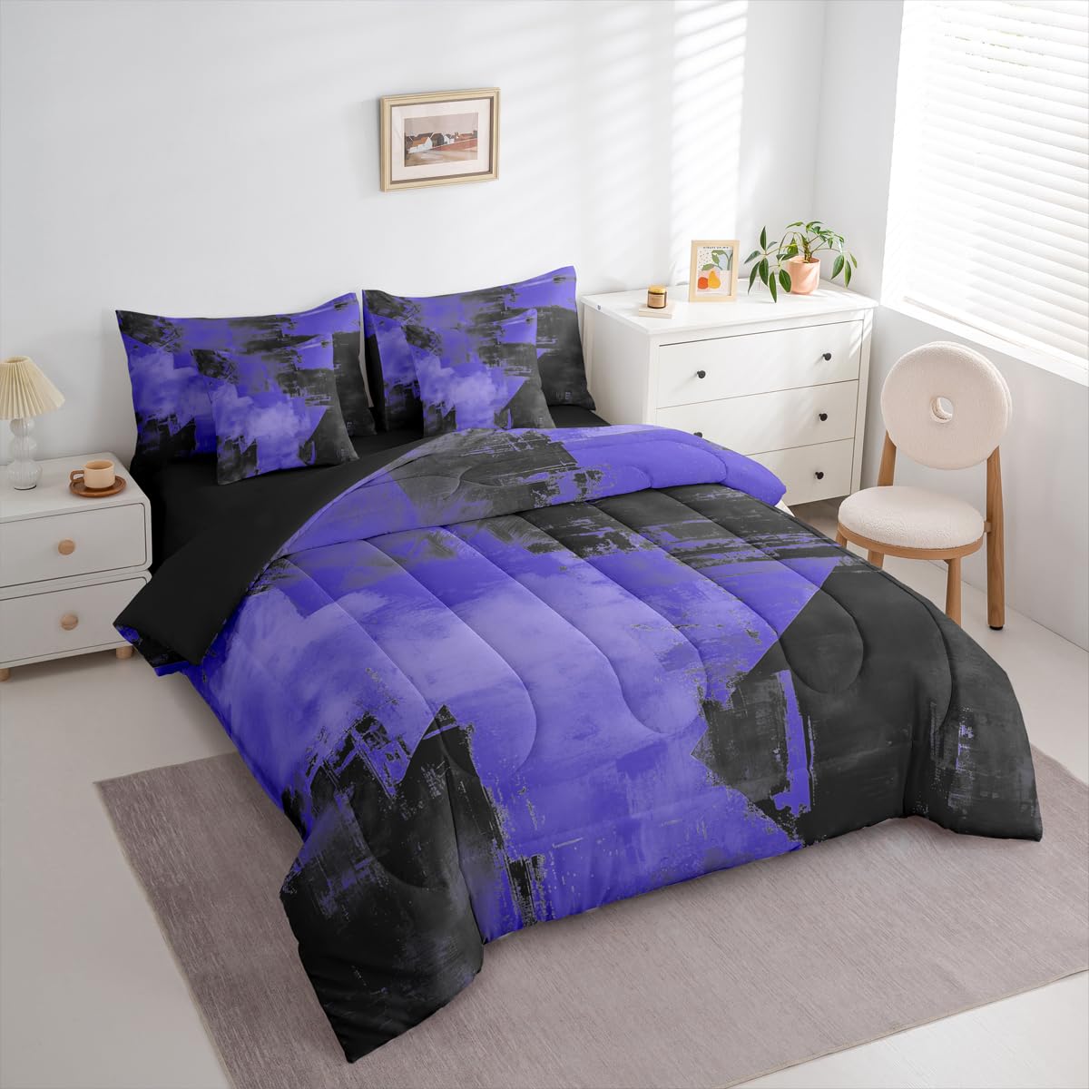 Feelyou Abstract Comforter Set King Size 7 Pieces Modern Abstract Art Bedding Set Luxury Bed in a Bag with Comforter, Sheets, Pillowcases, Cushion Covers Geometric Bedroom Decor Royal Blue