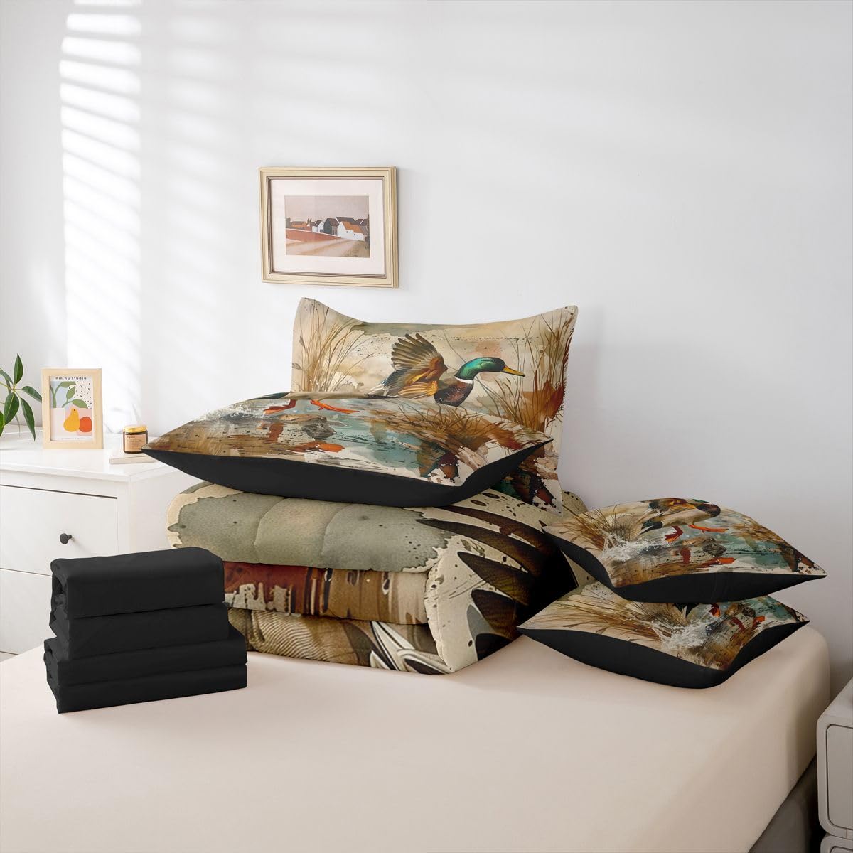 Erosebridal Wild Ducks 7 Piece Bedding Set Queen Mallards Comforter Set with Sheets Reeds Water Splashes Watercolors Bed in a Bag Hunt Cobblestone Spots Grey for Teens Men Women
