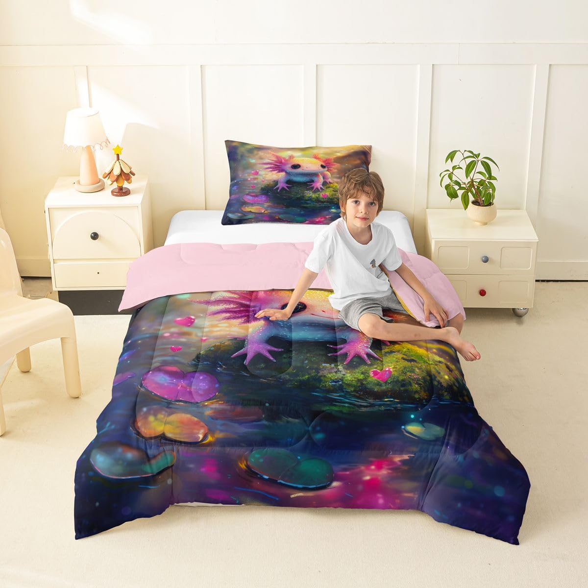 Manfei 3D Axolotl Kids Comforter Toddler Size,Cute Salamander Starry Sky Galaxy Quilt Set for Kids Boys Girls Bedroom Decor,Fantasy Art Style Bedding Set,Purple Green Duvet Insert,1 Pillowcase