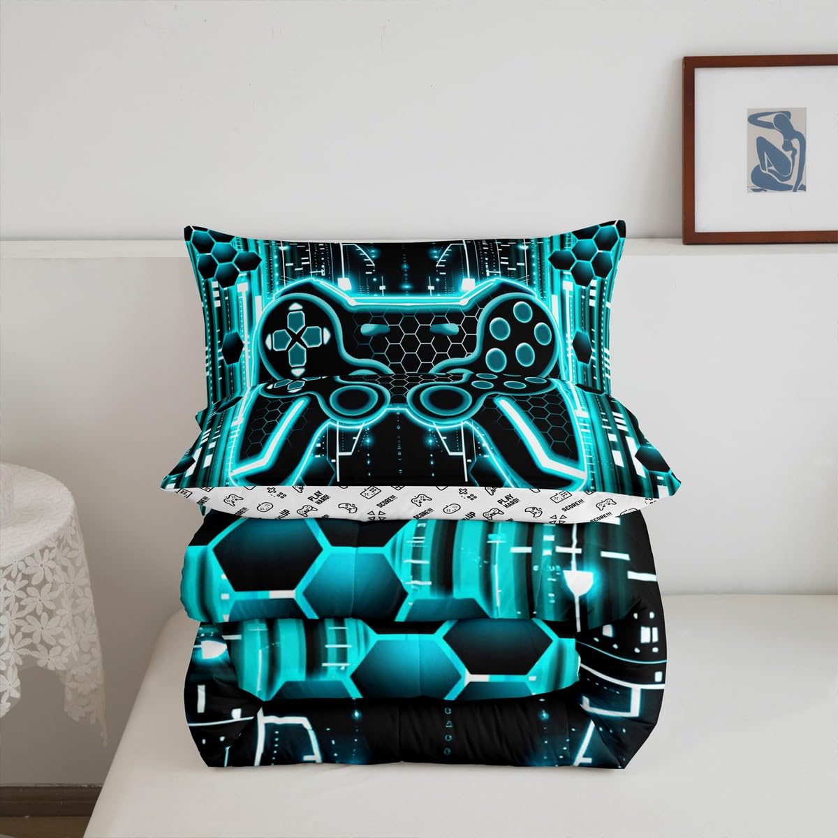 Feelyou Kids Light Blue Black Gamer Comforter Set Full Size, Gaming Comforter Boys Girls Game Bedding Set Gamepad Teens Duvet Set Bedroom Decor with 2 Pillow Case