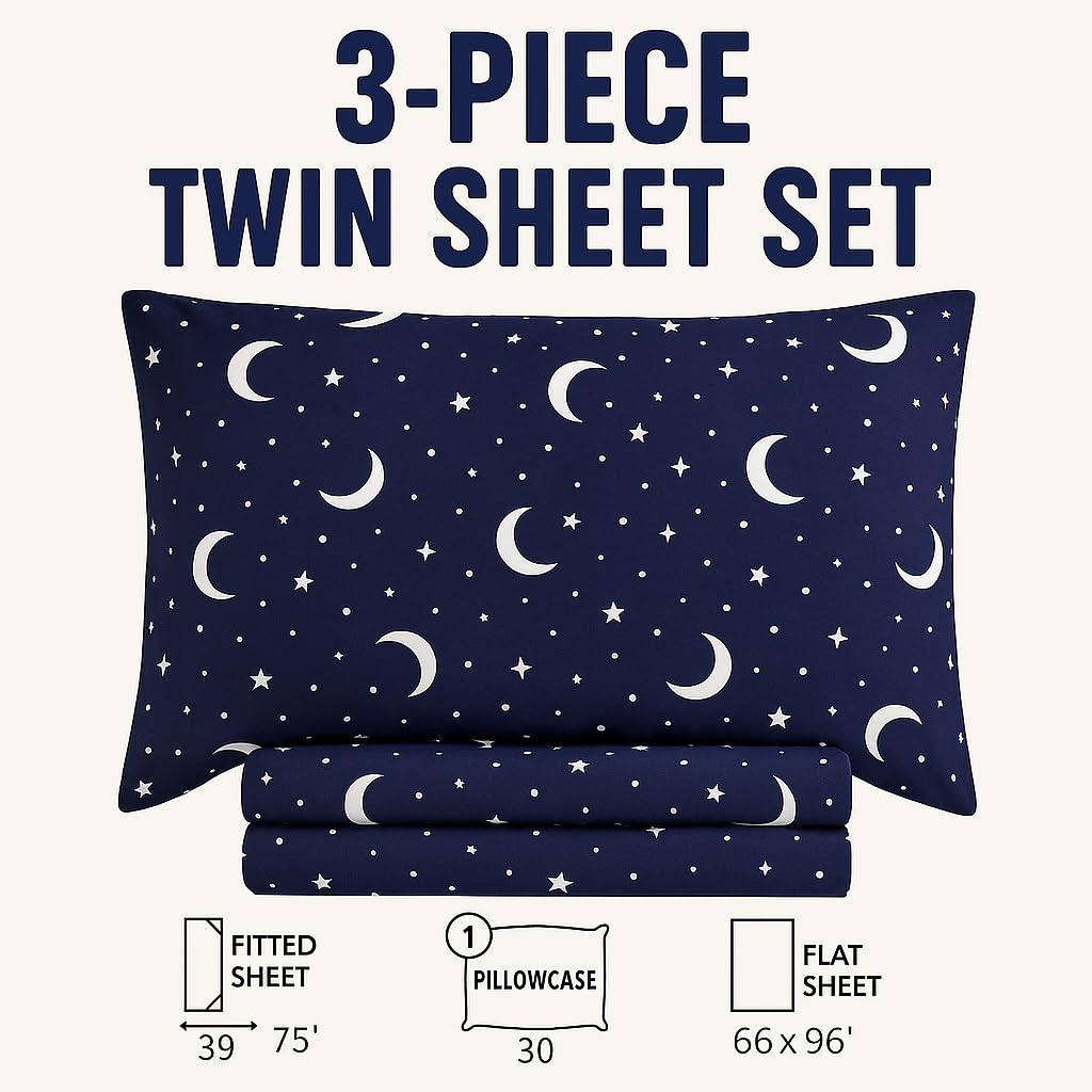 Heritage Kids 3-Piece Twin Sheet Set - Constellation Print Bedding with Top Sheet, Fitted Sheet & Pillowcase – Soft Microfiber Sheets for Boys or Girls, Navy Blue – Cozy & Machine Washable