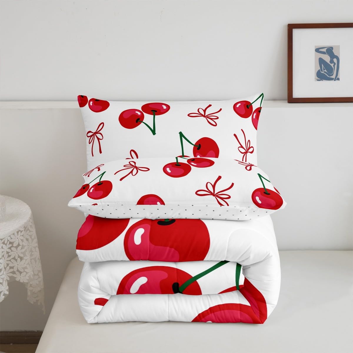 Manfei Cherry Bowknot Kids Comforter Set Twin Size,Geometric Patchwork Bow Tie Bedding Set,Girls Princess Room Decor,Tropical Fruit Butterfly Knot Down Comforter,Red Chic Duvet Insert,1 Pillowcase