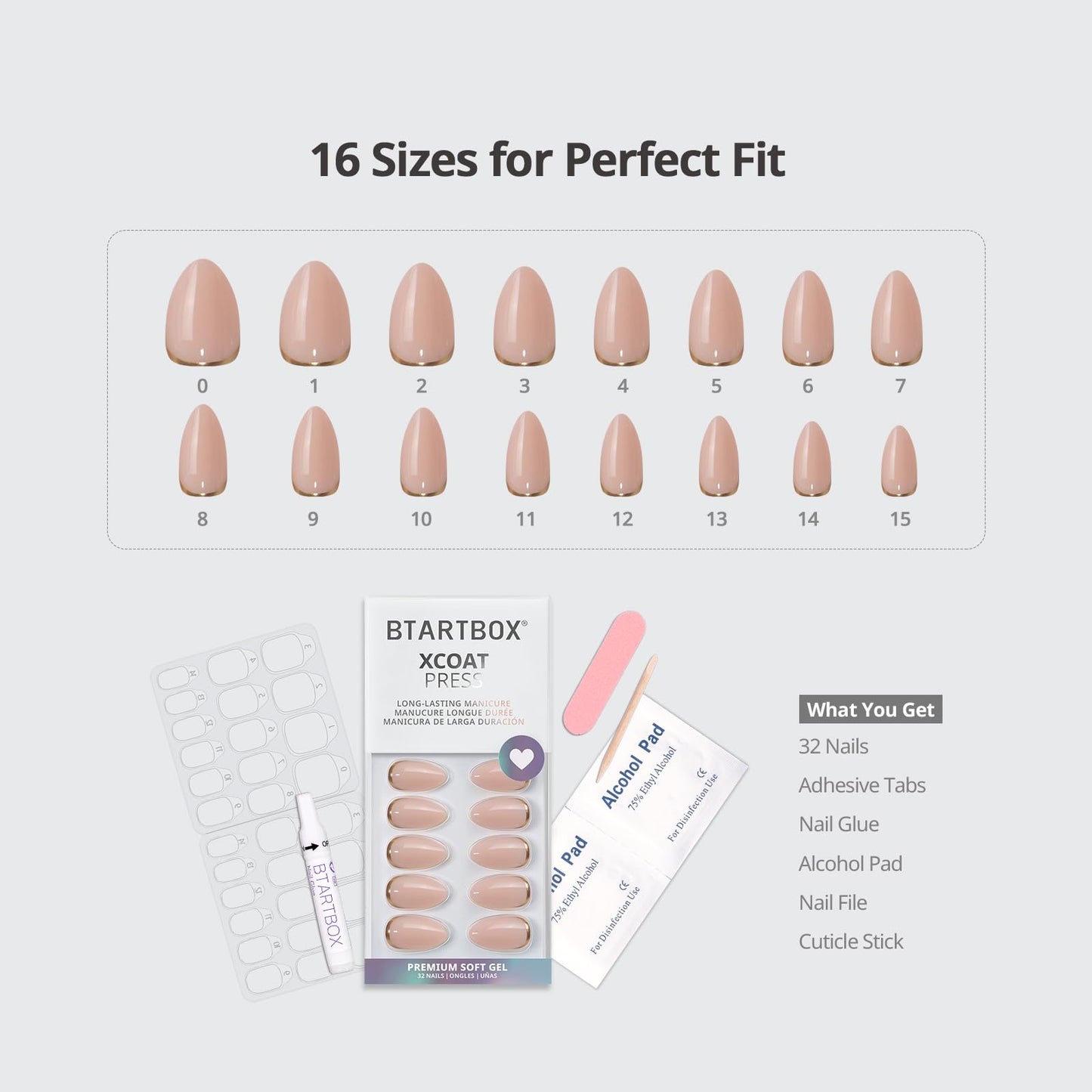 BTArtbox Press On Nails Almond - Short Gold Foil Press On Nails with Glue for Women, Semi-Transparent Soft Gel Glue On Nails in 16 Sizes - 32 Stick On Nails Kit, Gold End