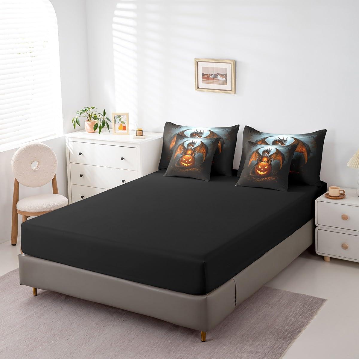 7 Pieces Halloween Pumpkin Dragon Comforter Set Queen,Moonlight Wild Animal Bed Set for Kids Boys Girls,Black Bedding(1 Comforter,1 Fitted Sheet,1 Flat Sheet,2 Pillowcases,2 Throw Pillow Cover)