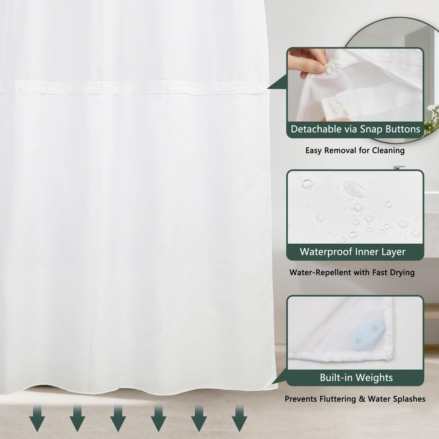 NAEMBCU No Hook Shower Curtain with Snap-in Liner 71x74 Inch