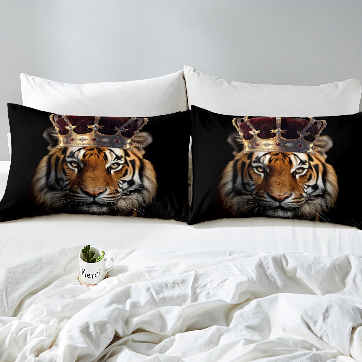 Homewish Wild Tiger Duvet Cover Set Full Size,3D Wildlife African Tropical Animal Comforter Cover with 2 Pillowcases,Golden Crown Print Black Breathable Bedspread for Boys Teens
